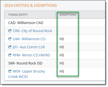 Property Search Results Exemptions