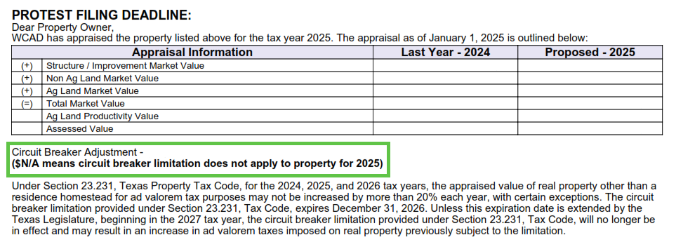 Circuit Break Limitation on the Notice of Appraised Value