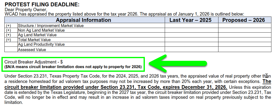 Notice of Appraised Value Circuit Breaker - 2026